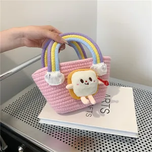Cute toast plush toy rainbow handle woven bucket bag with tassel for women and girls stylish daily.