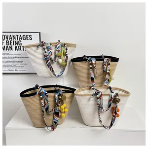 Woven cotton rope tote bag with silk scarf and wooden bead pendant for women daily use