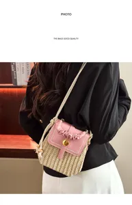 Stylish woven straw crossbody bag for women with pink leather flap and chunky rope strap.