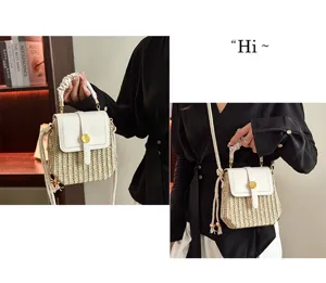 Woven straw box bag for women, stylish PU leather flap shoulder crossbody bag with rope strap.