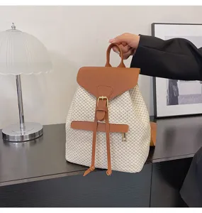 Sac à dos en paille femme été plage sac à main tressé décontracté avec bordure cuir.