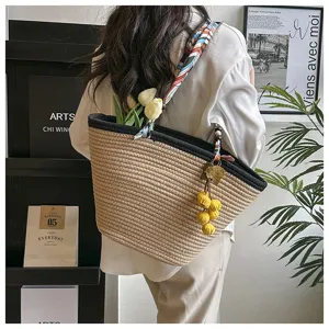 Woven straw tote bag for women large capacity beach shoulder bag with scarf and yellow pompom pendant