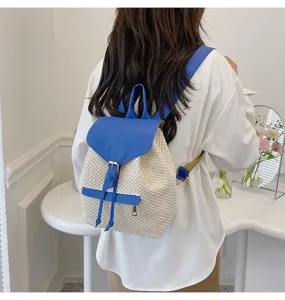 Sac à dos en paille pour femme style décontracté été plage voyage bleu cuir synthétique