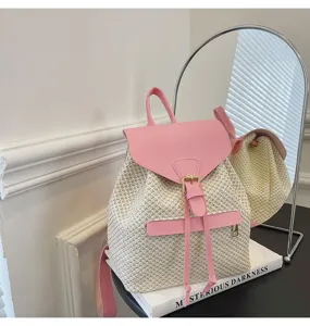 Sac à dos femme paille été plage rose cuir PU couleur contrastée loisir quotidien