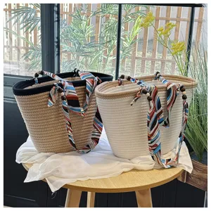 Woven straw tote bag with silk scarf and wooden bead pendant, large capacity shoulder bag.