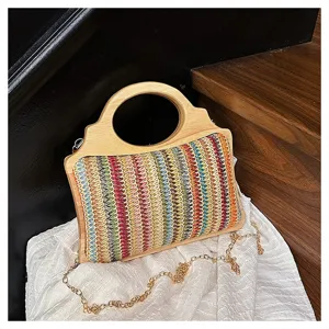 Bolso de mano tejido de verano con asa de madera y cadena dorada bolso de mujer elegante chic