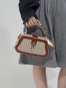 Women's Fashion Straw Woven Handbag Casual Crossbody Bag Small Box Top Handle Bag With Scarf And Chain Strap