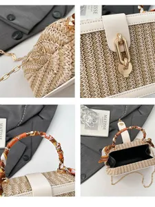 Minimalist straw woven handbag with silk scarf handle and metal chain for early spring fashion.