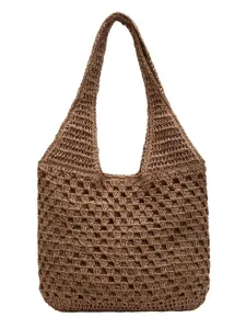 Braune handgemachte Stroh Umhängetasche gehäkelte Shopper Tasche für Sommer Urlaub und Alltag.