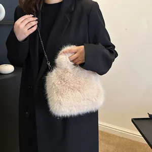 Fluffy plush chain shoulder bag, stylish solid color casual fuzzy handbag for autumn winter.