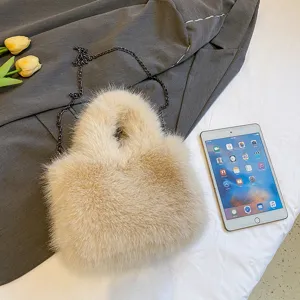 Fluffy faux fur chain crossbody bag, stylish winter shoulder handbag for women, casual plush purse.