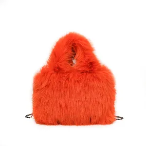 Fashion orange plush chain shoulder bag casual winter faux fur crossbody handbag for women