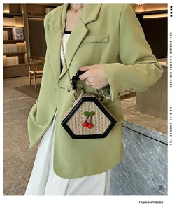 2024 new stylish diamond woven straw crossbody bag with cherry embroidery and black handle.