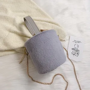 Autumn winter fluffy bucket shoulder bag soft plush handbag with chain strap cozy style