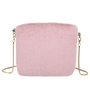 Pink fluffy plush crossbody bag for women, cute winter fuzzy shoulder bag with gold chain.