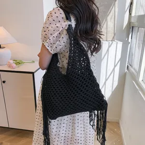 Damen Vintage Handgemachte Gewebte Tote Bag Durchbrochene Fransen Große Kapazität Umhängetasche Lässig Pendeln Reise Handtasche
