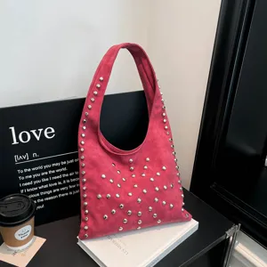 Trendy punk style rose red shoulder bag with silver dome studs, chic casual hobo handbag.