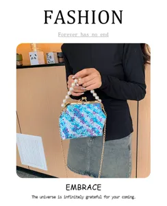 Autumn winter floral pearl kiss lock handbag sweet lady retro shoulder messenger bag