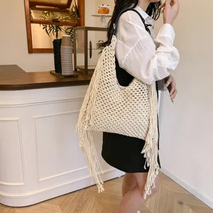 Vintage handgemachte geflochtene Fransen-Tasche, lässige große Damen-Umhängetasche mit Hohlmuster