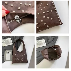 Brown faux leather hobo shoulder bag with metal studs, trendy rivet bucket tote bag for women.