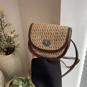 Womens Mini Straw Crossbody Bag Colorblock Patchwork Shoulder Bag Casual Daily Handbag Top Handle Bag