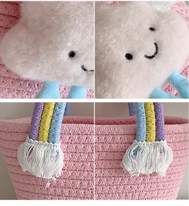 Close-up details of the cute woven bucket bag with plush smiling cloud and colorful handles.