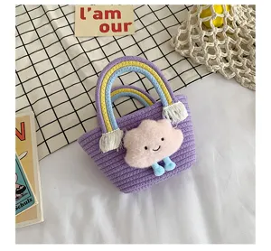 Mini woven plush cloud bucket bag with cute rainbow handles and sweet style design.