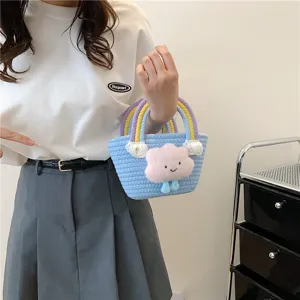 Mini woven plush cloud bucket bag with colorful rainbow handle, sweet cartoon tote handbag.