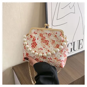 Autumn floral pearl handbag kiss-lock evening shoulder bag sweet vintage style detail.