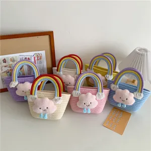 Sweet Woven Plush Cloud Bucket Bag Cute Cartoon Rainbow Handle Handbag Casual Small Basket Crossbody Tote Bag For Women
