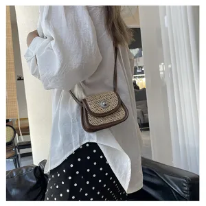 Mini woven crossbody bag with brown trim and metal clasp for women stylish daily wear.