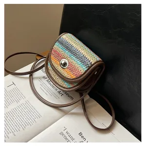 Trendy Colorful Woven Straw Crossbody Bag Mini Summer Shoulder Bag with Leather Trim