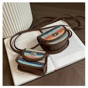Chic mini colorblock woven crossbody bag featuring brown leather trim and cute daily shoulder design.