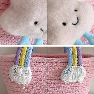 Cute pink woven bucket bag with plush cloud and rainbow handle for women daily casual use
