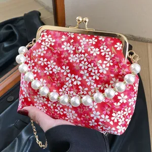 Women PU Leather Shell Handbag Floral Print Pearl Handle Kiss-Lock Evening Crossbody Bag Retro Banquet Bag