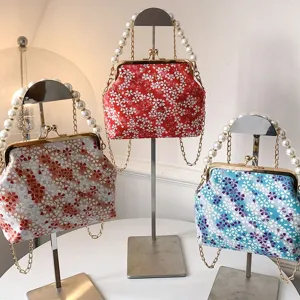 Sweet floral pearl kiss-lock handbag retro shell bag elegant evening crossbody bag