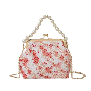 Sweet floral pearl handle kiss lock shoulder bag elegant evening crossbody handbag for women