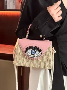 Summer Straw Woven Women Crossbody Bag Cartoon Big Eye Beaded Beach Handbag