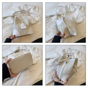 Summer new woven straw bucket bag for women, stylish minimalist shoulder bag with PU trim.