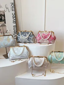 Chinese style pearl chain handbag handmade embroidered jacquard elegant vintage shoulder bag
