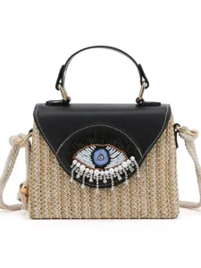 Woven straw crossbody bag with beaded evil eye design top handle summer beach handbag
