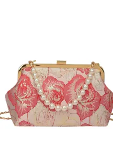 Elegant floral brocade evening handbag with pearl handle and golden chain for women.