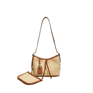 Summer fashion woven straw shoulder bag bucket handbag with contrast leather trim for women