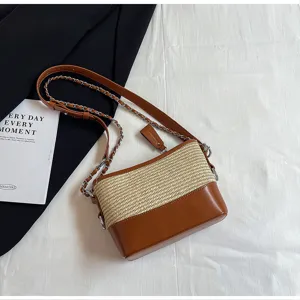 Stro geweven patchwork schoudertas PU leer kettingriem crossbody hobo tas zomer chic