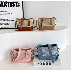 Stro patchwork emmertas, zomermode grote capaciteit casual schouder crossbody tas.
