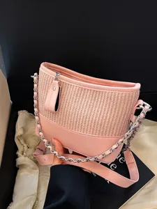 Dames Mode Imitatie Stro Splicing Schoudertas Trendy Ketting Emmer Hobo Tas Dagelijks Woon-werkverkeer Casual Handtas