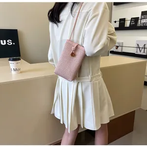 Stylish minimalist woven crossbody phone bag, solid color mini shoulder bag for women.
