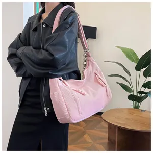 Pink corduroy shoulder bag detail, casual large capacity daily commuting tote bag.