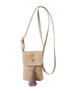 Straw woven mini phone crossbody bag with tassel, stylish summer casual shoulder bag.