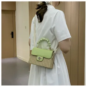 Green PU leather flap straw woven crossbody bag, perfect for summer casual shoulder use.